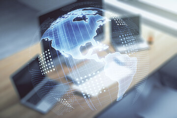 Poster - Double exposure of graphic America map and modern desk with computer on background, big data and digital technology concept