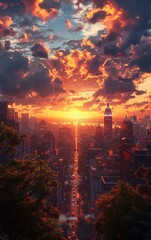 Canvas Print - AI generated illustration of the sun sets behind city buildings in a stunning urban landscape