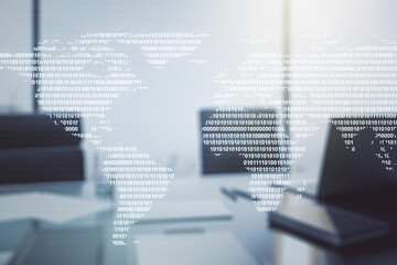 Aufkleber - Abstract creative world map and modern desktop with computer on background, international trading concept. Multiexposure