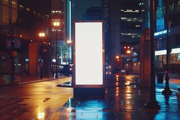 Wall Mural - Mockup. Blank white vertical advertising banner billboard stand on the sidewalk at night