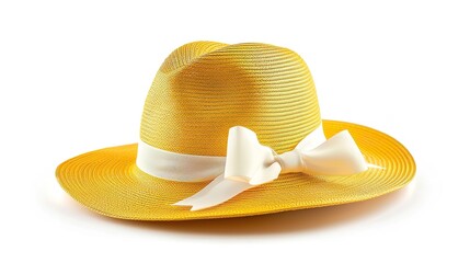 An antique straw hat from Panama. A woman's yellow summertime hat with a white ribbon set against a white background, Generative AI.