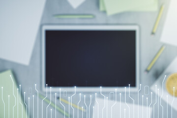 Aufkleber - Creative concept of microscheme illustration and modern digital tablet on background, top view. Big data and database concept. Multiexposure