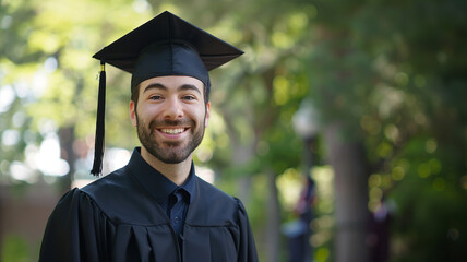 Wall Mural - handsome male university graduate smiling while wearing cap and gown with wind copy space for text