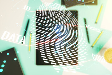 Aufkleber - Double exposure of abstract creative fingerprint hologram and digital tablet on background, top view, research and development concept