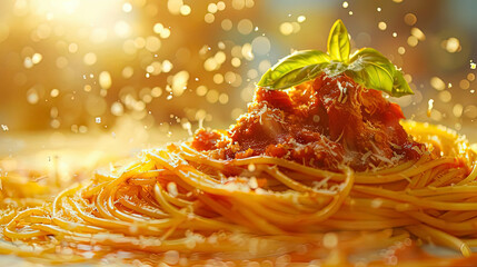 Design an enticing spaghetti advertisement featuring a perfectly plated dish with rich sauce, fresh ingredients, and a gourmet presentation that whets the appetite