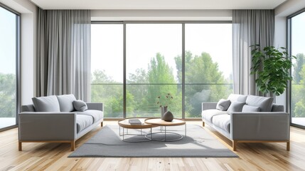 Bright and airy living room featuring comfortable gray sofas and a panoramic window
