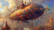 © Nathakorn - Craft an image where a Gaudi-influenced airship defies gravity, inspired by his whimsical forms and vibrant colors