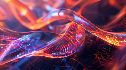 Poster - Abstract technology banner with purple wave of fiber, glossy structure, web banner and modern technology aesthetics.