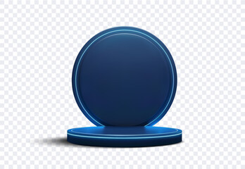 Poster - 3D of a futuristic dark blue circular pedestal with neon blue lighting on a transparent background. The pedestal can be used as a product display stand or a futuristic design element. Vector