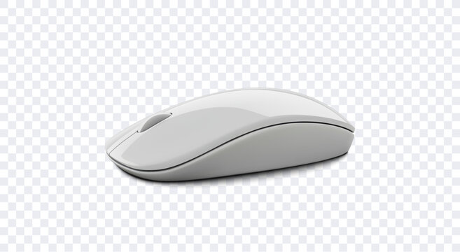 Realistic 3D of a sleek, modern white wireless computer mouse on a transparent background. The mouse is designed with a smooth, minimalist shape and features a scroll wheel. Vector illustration