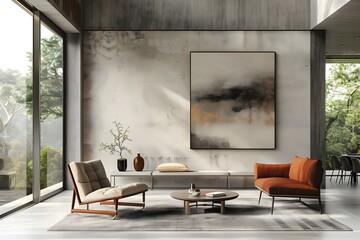 A living room with a large painting on the wall and two orange chairs. The room has a modern and minimalist design, with a focus on the artwork and the chairs. The large window lets in natural light