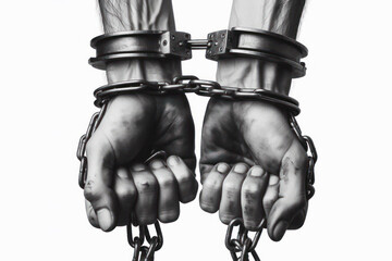 Hands in chains handcuffs Isolated on white background