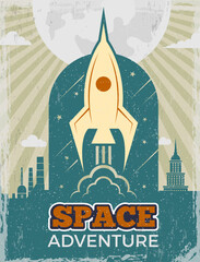 Sticker - Poster rocket startup concept picture in retro style outdoor space exploration flying shuttle