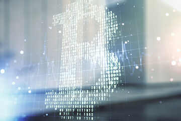 Poster - Virtual Bitcoin sketch on blurry contemporary office building background. Double exposure