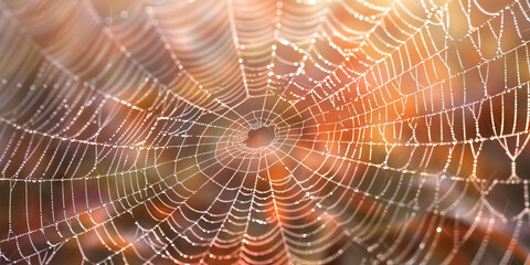 The intricate detail of a spiderweb glistens in the morning dew
