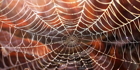 The intricate detail of a spiderweb glistens in the morning dew
