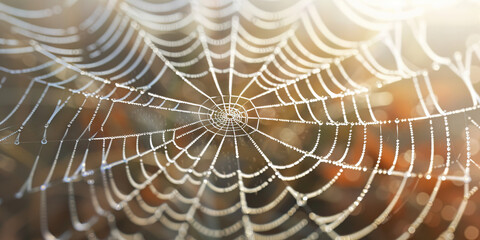 The intricate detail of a spiderweb glistens in the morning dew