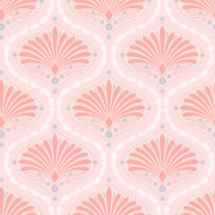 Wall Mural - Seamless pattern with anthemion floral shapes and ogee geometrical motifs on a pastel pink background. Classic abstract repeat wallpaper.