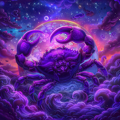 Wall Mural - Zodiac sign Cancer as a luminescent crab, holding a neon purple moon, astrological design astrology horoscope symbol of June July month background. Crab under a starry sky in a cosmic landscape.