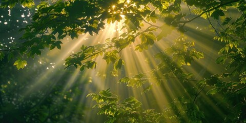 Sun And Trees. Sunlight Filtering Through Green Leaves in the Forest