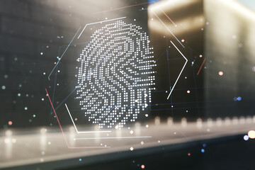 Aufkleber - Abstract virtual fingerprint illustration on blurry contemporary office building background, personal biometric data concept. Multiexposure