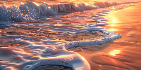 The gentle lapping of waves along a sandy shore at sunset creates ripples