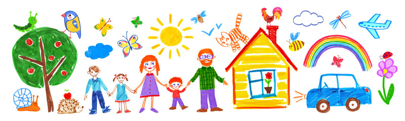 Wall Mural - Felt pen hand drawn vector illustrations collection of child drawing of family on summer background