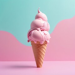 Organic ice cream in waffle cone. Summer mood, pastel colored dessert, delicious refreshing gelato.