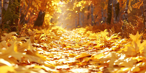 Sticker - Golden hues of autumn leaves carpet a forested path