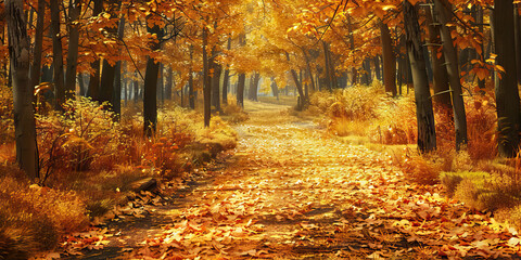 Sticker - Golden hues of autumn leaves carpet a forested path