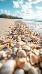 Wall Mural - Close-up of seashells with beach background