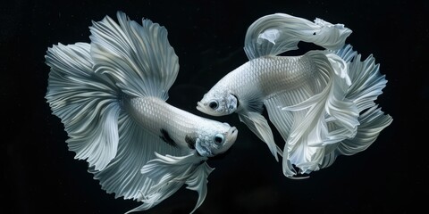 Wall Mural - two betta fish circling and dancing in love, white on black background