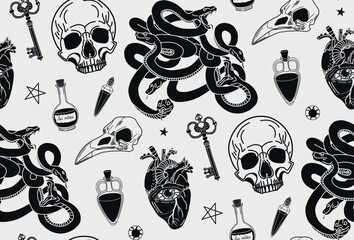 Wall Mural - Seamless pattern. Vector illustration. Alchemical elements. Mystical pattern. Gothic ornament. Halloween pattern. hand drawn magical illustrations. Graphic background in vintage style.