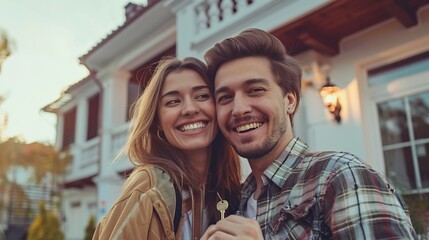 Happy young couple holding home keys after buying real estate - Husband and wife standing outside in front of their new house