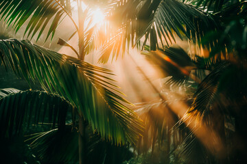 Photo of sun rays passing through the leaves of a green palm tree