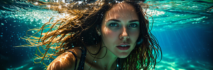 A woman with long, wet hair swimming underwater.