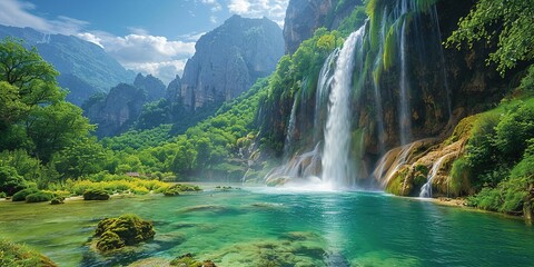 An amazing panorama of magnificent waterfalls. Aesthetic atmosphere of peace and harmony. Generative AI