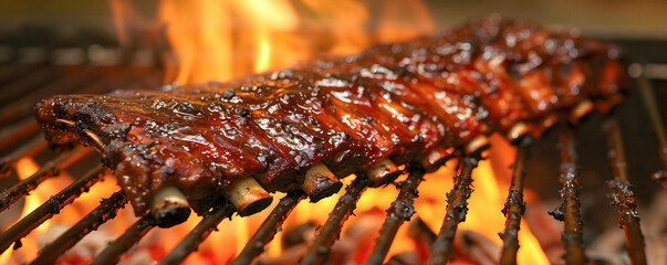 BBQ Roast Spareribs Baby Back Pork Ribs Close-up On Hot Grill Banner With Copyspace