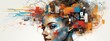 © loran4a - a vibrant modern art poster collage of a woman with technology items and elements on her head. A concept of digital load overwhelming