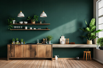 Cozy modern kitchen room interior design with dark green wall