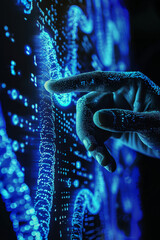 Poster - A hand interacts with a digital interface displaying glowing blue data points and lines, symbolizing the connection between technology and human interaction.