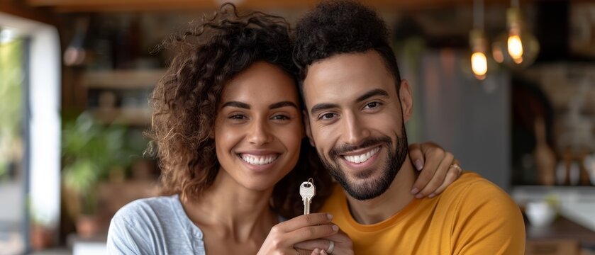 Smiling happy young married couple holding keys from new home, symbol real estate property buying, new apartment rent, housing, becoming homeowners, celebrating ownership, achievement