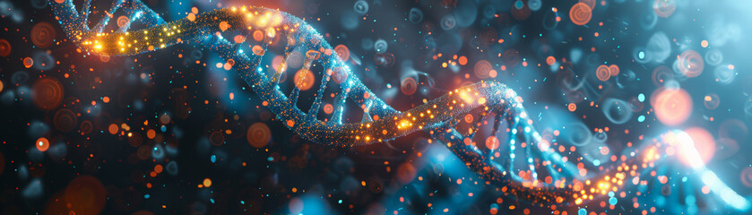 Wall Mural - Abstract image of a DNA double helix in glowing particles and blue lights, representing biotechnology, genetics, and scientific research.