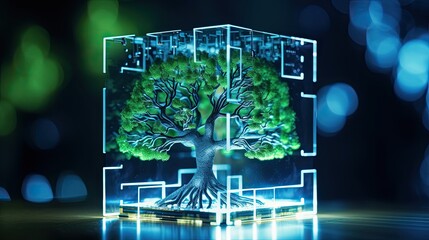 Wall Mural - Tree growing on circuit digital board, Digital and Technology Convergence, Green Computing or Green Technology,