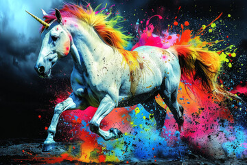 Sticker - unicorn in bright neon colors in a pop art style