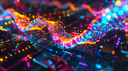 Poster - vivid digital waves of neon lights and data streams on a dark background, illustrating futuristic te