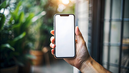 A man's hand holds a black smartphone with a blank screen. Smartphone screen mockup