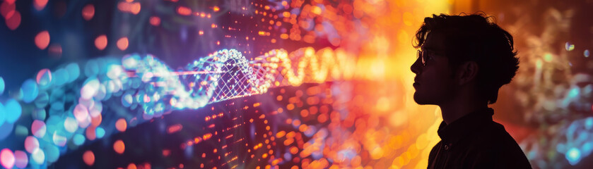 Poster - Silhouette of a person observing a vibrant, colorful digital display of data and light, representing technology and innovation.