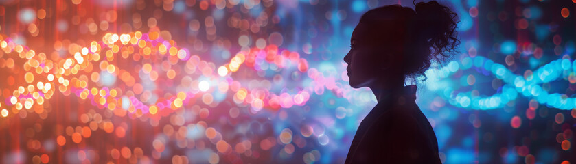 Poster - silhouette of a person standing against a vibrant, colorful abstract background with bokeh and light