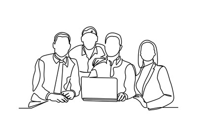 Wall Mural - single line drawing of a group of businessmen and women standing, continuous line drawing of working people together in the office. Business team and teamwork concept. Isolated on a white background.